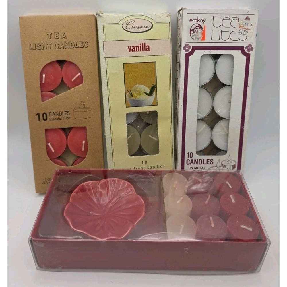 Vintage Tea Light Candles Boxed Flower Dish Holder Lot Of 39 Vanilla Emkay Gift